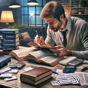 Một người đang học từ vựng với sách và các thiết bị công nghệ.