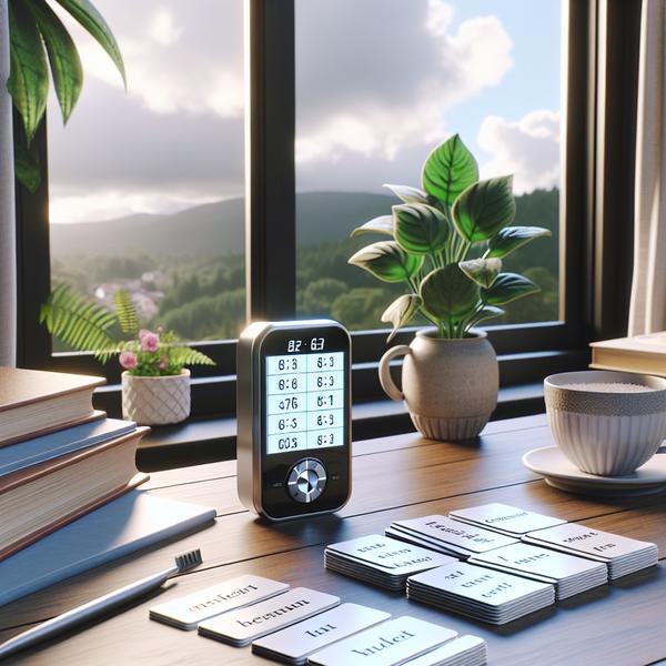 A group of people using both digital devices and physical flashcards to learn vocabulary, representing a collaborative learning environment.