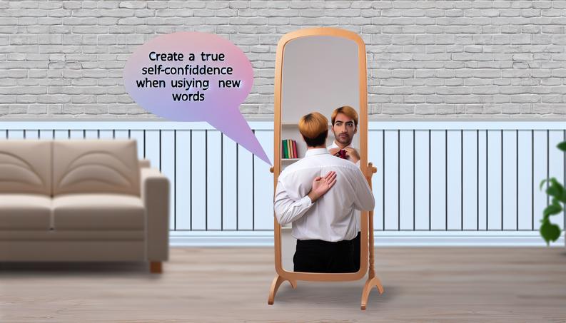 Người tự tin thực hành nói trước gương với từ mới.